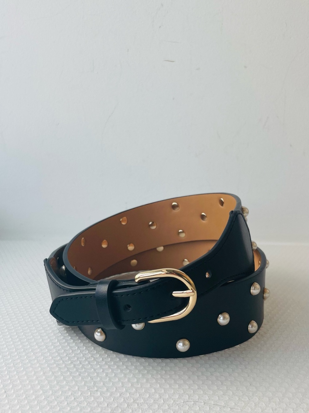 Kate Spade Black Leather faux Pearl Embellished Belt Size XL⭐️⭐️⭐️